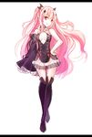  black_legwear breasts detached_sleeves hair_ornament hand_on_hip krul_tepes long_hair mana_(418208360) medium_breasts open_mouth owari_no_seraph pink_hair red_eyes simple_background smile solo very_long_hair white_background 