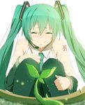  39 absurdres artist_name closed_eyes detached_sleeves green_hair hatsune_miku headset hello_planet_(vocaloid) hews_hack highres long_hair necktie pantyhose plant smile solo tears twintails vocaloid white_background 