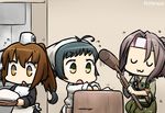  :3 :o apron black_hair brown_hair closed_eyes commentary dancing dated flying_sweatdrops food fumizuki_(kantai_collection) hachimaki hamu_koutarou hat head_scarf headband irako_(kantai_collection) kantai_collection kine mochi mochitsuki multiple_girls muneate open_mouth ponytail wagashi zui_zui_dance zuihou_(kantai_collection) 