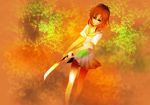  cleaver higurashi_no_naku_koro_ni light_smile looking_at_viewer orange_hair plant ryuuguu_rena school_uniform serafuku short_hair solo tree uru_(pixiv1606516) walking weapon 