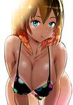  blue_eyes breasts cleavage collarbone hair_between_eyes highres igarasy large_breasts leaning_forward lips looking_at_viewer midriff orange_hair original parted_lips short_hair sideboob solo swimsuit v_arms 