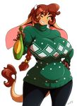  anthro big_breasts bottle bovine breasts brown_fur brown_hair cattle chalo clothed clothing female fur green_eyes hair horn huge_breasts las_lindas long_hair mammal mora_linda one_eye_closed smile solo sweater thick_thighs voluptuous wide_hips wink 