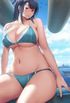  aoten bikini black_hair blue_bikini blush breasts cleavage commentary_request hat highres kantai_collection large_breasts looking_at_viewer navel red_eyes short_hair sitting smile solo swimsuit takao_(kantai_collection) 