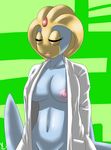  2015 anthro big_breasts blush breasts clothed clothing eyes_closed female half-dressed humanoid lab_coat legendary_pok&eacute;mon navel nintendo nipples nude pok&eacute;mon smile solo uxie video_games virate-chip 