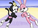  animaniacs babs_bunny beach black_fur clothed clothing dot_warner female flower flower_in_hair fur half-dressed lagomorph looking_at_viewer looking_back lying mammal panties pink_fur plant rabbit sand sea seaside smile tiny_toon_adventures topless towel underwear warner_brothers water whoreomatic 