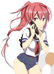  ahoge backpack bag caryo cellphone hair_ribbon i-168_(kantai_collection) kantai_collection long_hair nanashino one-piece_swimsuit phone ponytail red_eyes red_hair ribbon school_swimsuit school_uniform serafuku smartphone smile solo swimsuit swimsuit_under_clothes 