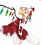  ascot bad_id bad_pixiv_id barefoot blonde_hair dress dyolf flandre_scarlet hat hat_ribbon mob_cap puffy_short_sleeves puffy_sleeves red_dress red_eyes revision ribbon sash shirt short_sleeves side_ponytail sitting solo touhou v_arms wings wrist_cuffs 