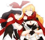  black_hair blake_belladonna blonde_hair blush breasts cleavage hat highres medium_breasts multiple_girls narynn rwby santa_hat scarf shared_scarf yang_xiao_long 