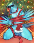  2015 avian azelyn beak bird blue_feathers blue_jay christmas christmas_tree corvid feathers gift hands_behind_back holidays male mistletoe nude plant ribbons solo tree wings wrapped 