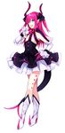  :d asymmetrical_horns blue_eyes dress elizabeth_bathory_(fate) elizabeth_bathory_(fate)_(all) fang fate/extra fate/extra_ccc fate_(series) frills highres horns long_hair open_mouth pink_hair pointy_ears simple_background smile solo tail white_background wowishi 