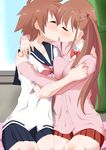  achiga_school_uniform atarashi_ako breasts brown_hair closed_eyes couple eguchi_sera hug kiss long_hair medium_breasts multiple_girls mutual_hug pleated_skirt saki school_uniform senriyama_school_uniform serafuku seushiki_(ponti-ron) short_hair skirt yuri 