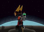  adventure armor asteroid blue_moon clank gazing green_eyes holt5 insomniac lombax lonely long_ears machine moon neon ratchet ratchet_and_clank robot space star suit video_games 