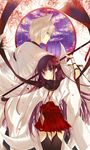  1girl animal_ears black_legwear blue_eyes flower fox_ears fox_tail garter_straps hair_flower hair_ornament highres holding holding_weapon horns inu_x_boku_ss japanese_clothes jne long_hair looking_at_viewer miketsukami_soushi purple_eyes purple_hair red_skirt shirakiin_ririchiyo silver_hair skirt tail thighhighs weapon 