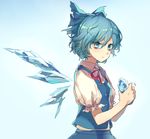  blue_background blue_eyes blue_hair bow cirno gradient gradient_background hair_ornament hair_ribbon ice ice_wings kikugetsu looking_at_viewer puffy_sleeves ribbon shirt short_hair short_sleeves skirt skirt_set solo touhou upper_body vest wings 