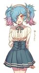  alternate_costume blue_hair blush breasts contemporary fire_emblem fire_emblem_if hair_over_one_eye kikugetsu medium_breasts meme_attire multicolored_hair open_mouth pieri_(fire_emblem_if) pink_eyes pink_hair simple_background solo translated twintails two-tone_hair virgin_killer_outfit 