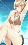  absurdres arm_up armpits artist_name aya_brea bikini bikini_top blonde_hair blue_eyes breasts day finger_to_mouth hews_hack highres jewelry large_breasts looking_at_viewer necklace o-ring o-ring_bikini o-ring_top paid_reward parasite_eve patreon_reward short_hair short_shorts shorts sitting sky smile solo swimsuit wet 