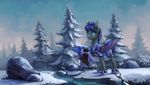  2015 armor asimos bat_pony bat_wings blue_eyes creek friendship_is_magic male membranous_wings my_little_pony outside royal_guard_(mlp) slit_pupils snow solo tree water wings 