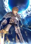  absurdres ahoge armor armored_dress artist_name artoria_pendragon_(all) blonde_hair blood blood_on_face cape dress excalibur fate/stay_night fate_(series) fur-trimmed_cape fur_trim green_eyes hews_hack highres huge_filesize md5_mismatch saber sky solo sword weapon 