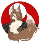  animal_ears back bangs blush brown_hair commentary_request from_behind hanafuda imaizumi_kagerou long_hair looking_at_viewer looking_back mikojin moon nude parted_bangs red_eyes simple_background smile solo tail touhou very_long_hair wolf_ears wolf_tail 