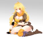  ahoge belt belt_boots blonde_hair blood boots breasts brown_footwear cleavage fingerless_gloves gloves highres knee_boots large_breasts long_hair narynn pouch red_eyes rwby shiny shiny_clothes shiny_skin solo yang_xiao_long 