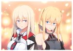 alternate_hairstyle anchor bismarck_(kantai_collection) blonde_hair blue_eyes breasts capelet detached_sleeves graf_zeppelin_(kantai_collection) hairstyle_switch kantai_collection large_breasts long_hair multiple_girls osterei twintails wavy_mouth 