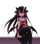  black_hair black_legwear breasts cleavage cropped_legs hair_ornament highres horns japanese_clothes kimono long_hair looking_at_viewer nino_(shira) original red_eyes sitting small_breasts smile solo thighhighs tongue tongue_out wings 