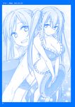  :d barefoot bikini blue blue_border border breasts cleavage frilled_bikini frills getsuyoubi_no_tawawa himura_kiseki innertube large_breasts long_hair looking_at_viewer monochrome multiple_views open_mouth smile swimsuit transparent twintails very_long_hair wet 