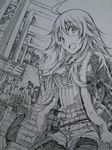  commentary_request dango denim denim_shorts food food_stand futami_ami futami_mami graphite_(medium) greyscale hands_in_pockets highres hoshii_miki idolmaster idolmaster_(classic) kojima_takeshi long_hair looking_at_viewer monochrome shawl shijou_takane shorts skewer stairs stone_lantern striped striped_sweater sweater torii traditional_media wagashi 