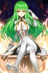  absurdres bangs breasts c.c. closed_mouth code_geass crossed_legs gloves green_hair highres libra long_hair long_sleeves looking_at_viewer medium_breasts nero_(nilu) no_shoes pantyhose pillar sitting smile solo very_long_hair white_gloves white_legwear yellow_eyes zodiac 
