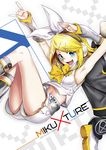  \m/ arm_up arm_warmers armpits blonde_hair blue_eyes commentary_request hair_ornament hair_ribbon hairclip headphones kagamine_rin kitano_tomotoshi navel ribbon sailor_collar short_hair shorts smile solo treble_clef vocaloid 