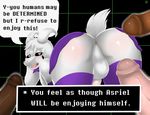  2015 anthro anus asriel_dreemurr balls blush boss_monster butt caprine clothing dark_skin erection fur goat group hair hi_res human keigai legwear looking_at_viewer male male/male mammal nude open_mouth penis simple_background tattoo text tongue undertale video_games 