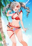  :d arm_up bikini blue_sky bow breasts cleavage day drill_hair fingernails glowing glowing_eye hair_between_eyes hair_bow highres idolmaster idolmaster_cinderella_girls inoue_sora kanzaki_ranko long_hair medium_breasts midriff nail_polish navel open_mouth outstretched_hand red_eyes ribbon sidelocks silver_hair skindentation sky smile solo swimsuit thigh_ribbon thighs twin_drills twitter_username 