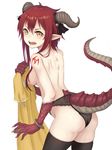  ass back bangle bell black_legwear black_panties blush bracelet breasts dragon_girl dragon_horns dragon_tail dress hair_censor hair_over_breasts highres horn_bell horns jewelry kai_(ootamuno12) monster_girl original panties pointy_ears red_hair scales sharp_teeth short_hair_with_long_locks sidelocks simple_background slit_pupils small_breasts solo spine tail teeth thighhighs underwear yellow_eyes 
