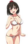  alternate_costume arm_at_side bare_shoulders bikini black_hair body_blush breasts cleavage covered_nipples groin hair_between_eyes hat large_breasts looking_at_viewer navel ra-pen red_eyes shameimaru_aya shiny shiny_skin short_hair simple_background smile solo stomach swimsuit thigh_gap tokin_hat toned touhou underboob white_bikini 