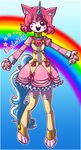  anthro blue_eyes blush cat clothing digitigrade dress english_text feline female fur hair horn hybrid inner_ear_fluff mammal oh-onii one_eye_closed open_mouth pads pink_fur pink_hair rainbow smile solo star text the_lego_movie unikitty wink 