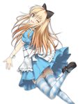  absurdres alice_(wonderland) alice_in_wonderland black_footwear blonde_hair blue_dress blue_eyes bow dress hair_bow highres long_hair mage_(335656) mary_janes one_eye_closed shoes solo striped striped_legwear thighhighs wrist_cuffs 