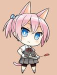  animal_ears bike_shorts blue_eyes buttons cat_ears cat_tail cat_teaser chibi collared_shirt commentary full_body gloves hair_ornament hand_on_hip highres kantai_collection looking_at_viewer neck_ribbon pink_hair pleated_skirt ponytail red_neckwear red_ribbon ribbon school_uniform shiranui_(kantai_collection) shirt short_hair short_sleeves shorts shorts_under_skirt simple_background skirt soba_(sobaya1938) solo standing tail uniform vest white_gloves white_shirt 