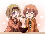  :d :o ^_^ bowl brown_hair chopsticks closed_eyes commentary_request feeding food hair_ornament hairclip headband hoshizora_rin koizumi_hanayo love_live! love_live!_school_idol_project multiple_girls noodles open_mouth orange_hair purple_eyes ramen shipii_(jigglypuff) short_hair shrimp shrimp_tempura smile steam tempura 