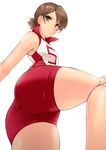  8000 ass bare_shoulders brown_eyes brown_hair commentary_request from_below girls_und_panzer gym_uniform kawanishi_shinobu looking_back ponytail red_shorts short_hair short_ponytail shorts simple_background sleeveless smile solo sportswear thighs volleyball_uniform white_background 