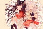  animal_ears bangs black_hair black_legwear bow cat cat_ears cat_tail closed_eyes cover cover_page doujin_cover flower hair_bow hair_flower hair_ornament holding holding_cat long_hair multiple_girls original pechika silver_hair skirt sleeping socks tail thighhighs twitter_username white_legwear 