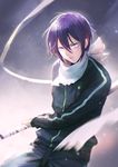  blue_eyes holding holding_sword holding_weapon jacket male_focus motion_blur noragami purple_hair solo sword track_jacket wallacexi weapon yato_(noragami) 