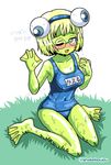  anura_(monster_musume) blush breasts covered_navel frog_girl full_body glasses grass green_eyes green_hair green_skin headband medium_breasts monster_girl monster_musume_no_iru_nichijou monster_musume_no_iru_nichijou_online one-piece_swimsuit one_eye_closed school_swimsuit shake-o simple_background sitting solo swimsuit translation_request twitter_username wariza waving webbed_feet webbed_hands wet white_background 