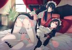  40hara all_fours angry apron ass bed black_hair character_request chromatic_aberration commentary_request crotch_seam frown garter_straps green_eyes itou_chitose iya_na_kao_sare_nagara_kozukuri_sasete_moraitai lace lace-trimmed_panties lifted_by_self long_hair lying maid maid_headdress multiple_girls on_back original panties pillow short_hair skirt skirt_lift thighhighs underwear white_legwear white_panties yuri 