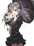  black_umbrella breasts drill_hair gothic_lolita idolmaster idolmaster_cinderella_girls kanzaki_ranko lolita_fashion long_hair looking_at_viewer minasato_hibiki open_mouth parasol red_eyes silver_hair small_breasts smile solo twin_drills twintails umbrella 