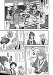  alcohol alternate_costume bangs basket beer bow cabbage carrot chopsticks closed_eyes comic drinking food glasses greyscale hair_bow hair_ornament hair_ribbon hat highres hotpot i-168_(kantai_collection) i-19_(kantai_collection) i-401_(kantai_collection) i-58_(kantai_collection) i-8_(kantai_collection) jacket japanese_clothes kantai_collection maru-yu_(kantai_collection) monochrome oden plate ponytail ribbon ro-500_(kantai_collection) sailor_hat school_swimsuit school_uniform serafuku short_hair sidelocks sitting smile standing steak stove swimsuit table tan tomato translated twintails yuzu_momo 