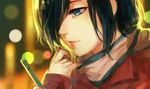  black_hair blue_eyes blurry bokeh cellphone depth_of_field fuurin hair_over_one_eye holding holding_phone kirishima_touka light_smile looking_away parted_lips phone scarf short_hair sketch solo tokyo_ghoul 