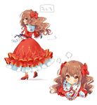  :d :t back blush bow brooch brown_hair curly_hair dress frilled_dress frilled_sleeves frills full_body fume gem hair_bow high_heels jewelry long_hair looking_at_viewer looking_back motion_lines multiple_views open_mouth original pout puffy_short_sleeves puffy_sleeves red_bow red_dress red_eyes ribbon ruby_(stone) sakuro short_sleeves simple_background smile translated walking wavy_hair white_background 