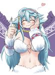  animal_ears blue_hair blush breasts cleavage closed_eyes earrings eating fork fur heart jewelry large_breasts long_hair miti_(monster_musume) monster_girl monster_musume_no_iru_nichijou monster_musume_no_iru_nichijou_online navel pointy_ears purple_scarf scarf schnee_1_fez simple_background sketch solo upper_body very_long_hair white_background yeti_(creature) 