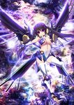  :3 :d akina_t armor bare_shoulders black_hair boots breasts cleavage covered_nipples detached_collar downscaled duel_monster full_body ghost gloves gochuumon_wa_usagi_desu_ka? groin hair_between_eyes highres knee_boots leg_up long_hair md5_mismatch mechanical_wings medium_breasts navel open_mouth parody pun purple_eyes raidraptor_-_rise_falcon resized revealing_clothes sidelocks smile solo stomach tedeza_rize thighhighs twintails very_long_hair white_gloves white_legwear wings yuu-gi-ou 