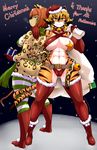  abs anthro bell better_version_at_source big_breasts bikini breasts butt choker christmas clothed clothing duo feline female gift holidays legwear looking_at_viewer mammal muscular muscular_female pasties saffron_(safurantora) safurantora snow swimsuit thigh_highs tiger wide_hips 